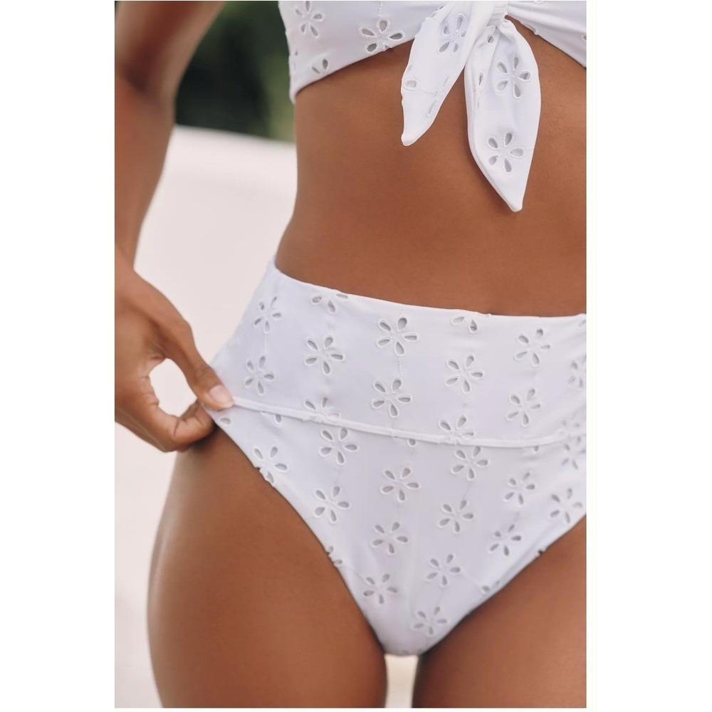 Beach Riot Hazel Eyelet High Waist Bikini Bottoms White Small Swim
